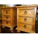Pair of Mexican pine 3 drawer bedside chests.