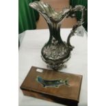 An Italian silver plated ewer and a copper and enamel Arts & Crafts cigarette box.