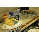 2 hen egg containers, 2 Studio Pottery bowls, etc.