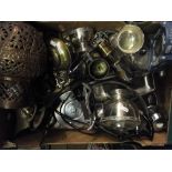 Copper lantern, plated teaset, etc.