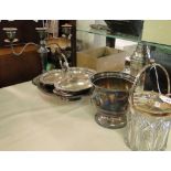 Cut glass silver mounted biscuit barrel, plated ice bucket, candelabra,