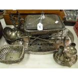 An oval galleried tray, warmer on stand, cutlery,