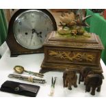 Smith's mantel clock, a jewel casket surmounted by birds, lobster picks, spectacles, etc.