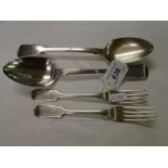 Pair of George IV silver tablespoons, London 1823, & a pair of silver table forks London 1842, 7.