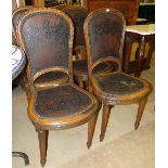 Set of 4 French oak dining chairs with tooled leather upholstery on fluted legs