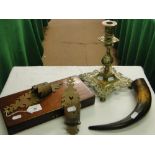 A mahogany box, cast brass candlestick, etc.