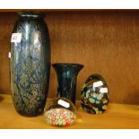 A Royal Brierley vase, a Mdina vase and paperweight, and another paperweight, (4).