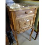 A French walnut and marble topped bedside cabinet with drawer and cupboard on cabriole legs.
