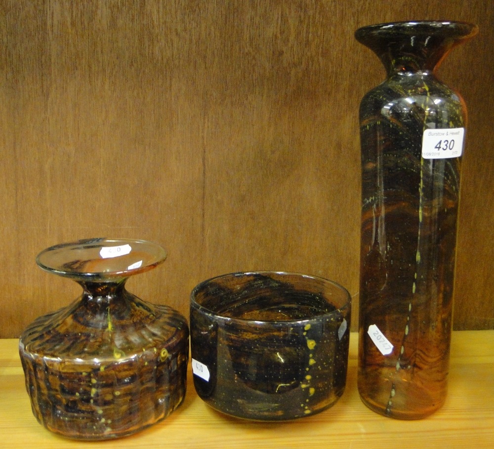 A tall Art Glass vase, similar bowl and another Art Glass vase, (3).