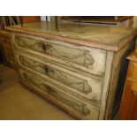 An Antique continental pine 3 drawer commode, with painted decoration.