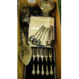 A Small 2 handled silver trophy on stand, cased cake knives, apostle spoons,
