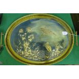 A chinoiserie decorated tea tray with pierced brass gallery.