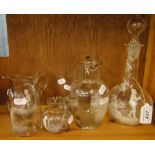 Mary Gregory design decanter and stopper, jugs, etc., (6).