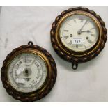 A bulk head clock with carved oak ropetwist surround and matching barometer.