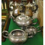 A 3 piece silver plated engraved tea set & a pair of hot water jugs