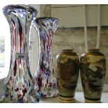 A pair of Japanese vases and a pair of End of the Day glass vases.