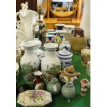 Oriental lamp, vases, a pair of Chinese porcelain vases, etc.