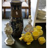 Ukrainian figure, child's Donald Duck teaset, vase, bamboo table, etc.