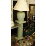 Green table lamp and shade on floor standing plinth & a box of various items