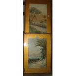 Pair of watercolours, Continental river scenes, indistinctly signed,