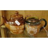 Doulton Slater's jug and a small Doulton Lambeth hunting scene teapot.