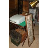 Folding card table, typewriter, ammo cases,