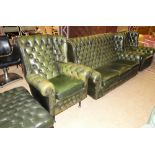 A Green buttonback leather wing 4 piece suite, comprising 3 seater sofa,