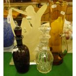 Deco style figure, glass jug and 2 decanters.