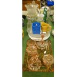 Glass jar with plated cover, cut-glass jug with plated mount, and other glassware.