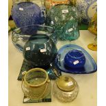 A Whitefriars blue glass bowl, and other decorative glassware.