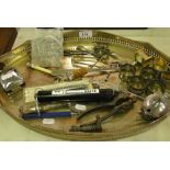 An oval galleried plated tea tray, plated napkin rings, silver handled knife & fork,