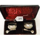 Cased pair of silver salts & spoons