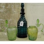 Pair of textured green glass vases, condiment bottles and a blue glass decanter and stopper, (5).