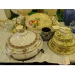 Salisbury China coffee set and a "Mikado" teaset and 2 glass ceiling light bowls with painted