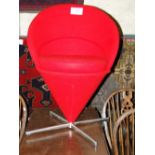 A Panton style cone chair in red wool on metal base