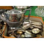 Silver plated teapot & box of mixed plated cutlery