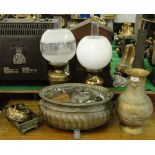 2 brass Oil lamps, an Oriental brass vase, pewter teapot, etc.