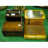 A rosewood caddy, a Vintage Sharps toffee tin, a book shape puzzle box and a cigarette dispenser,