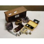 Oak casket with amethyst, cufflinks, etc.