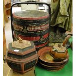 An Oriental 3-section lidded basket with cover, and a hexagonal casket.