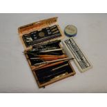 Fountain pens, drawing set,