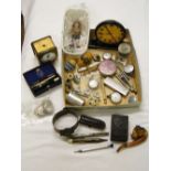 Watches, travel clocks, a cased silver and amber cigarette holder, pipe, etc.