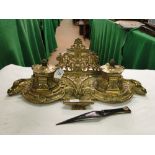 Ornate cast brass desk stand with 2 inkwells, and a Danish letter opener.