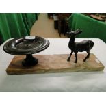 A French tazza and spelter deer on pink marble plinth.