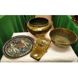 2 Eastern brass bowls, a letter rack and an enamelled copper plaque.