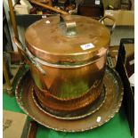 A Victorian copper bin and cover and 2 copper dishes with scalloped rims.