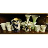 Coronation mugs, Copelands vase supported by cherubs,