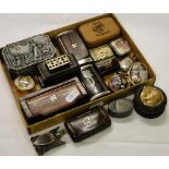 Pewter snuff box, horn frog snuff box, pillboxes, etc.