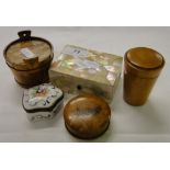 Mother of pearl box, 2 pieces of Mauchlineware, treen tub and a pillbox.