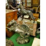 French Art Deco marble mantel clock surmounted by a spelter Alsatian dog and a cast metal horse.